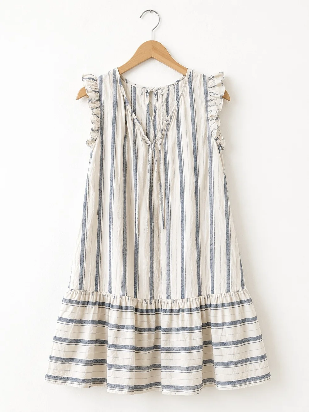 Linen Blend Coastal Stripe Ruffle Sleeve Midi Dress Blue White Cottagecore - Picture 3 of 4